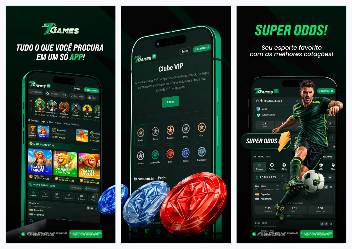 Telas oficiais do aplicativo da 7Games no Brasil