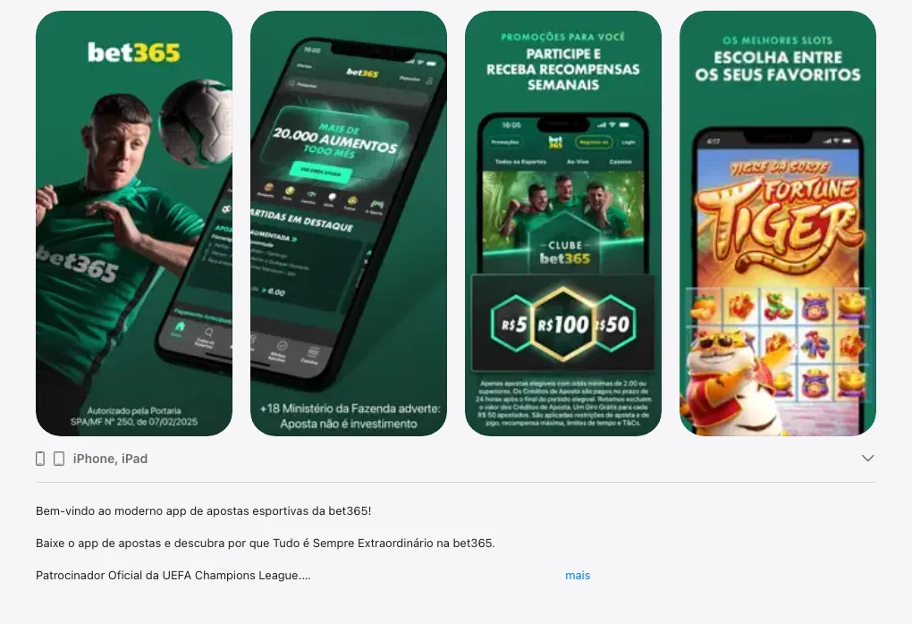Captura de tela da página oficial do aplicativo da bet365 na App Store brasileira