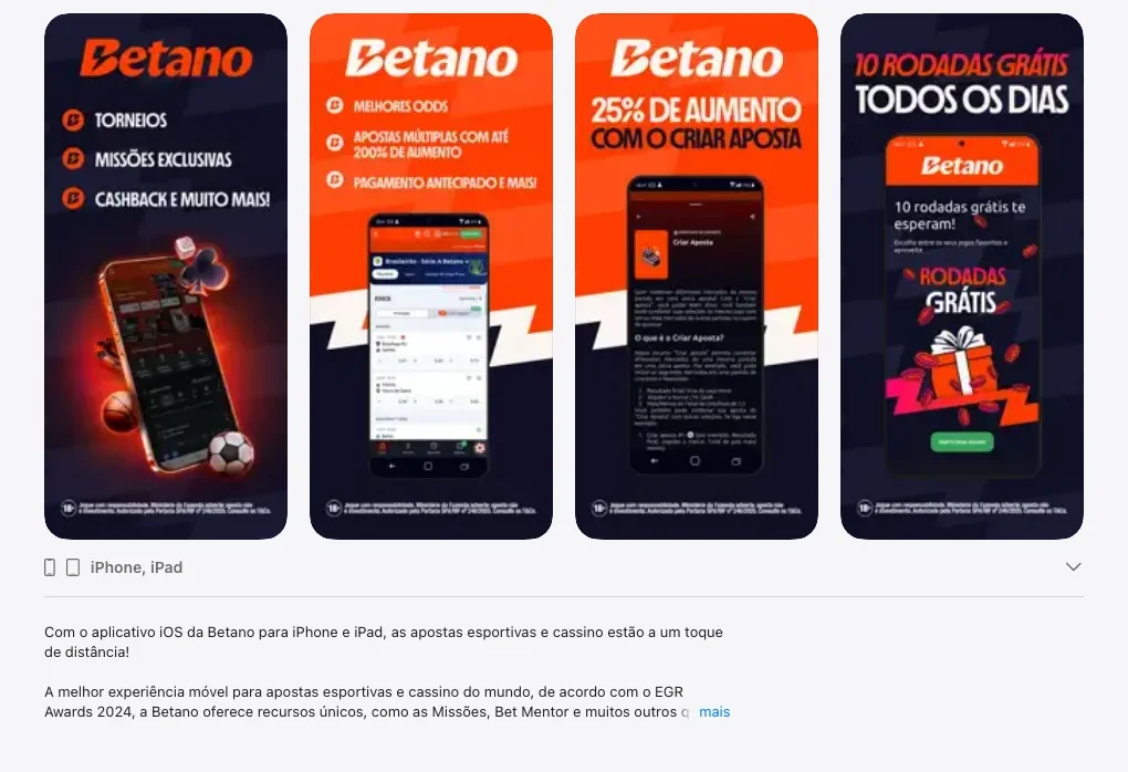 Captura de tela da página oficial do aplicativo da Betano na App Store brasileira
