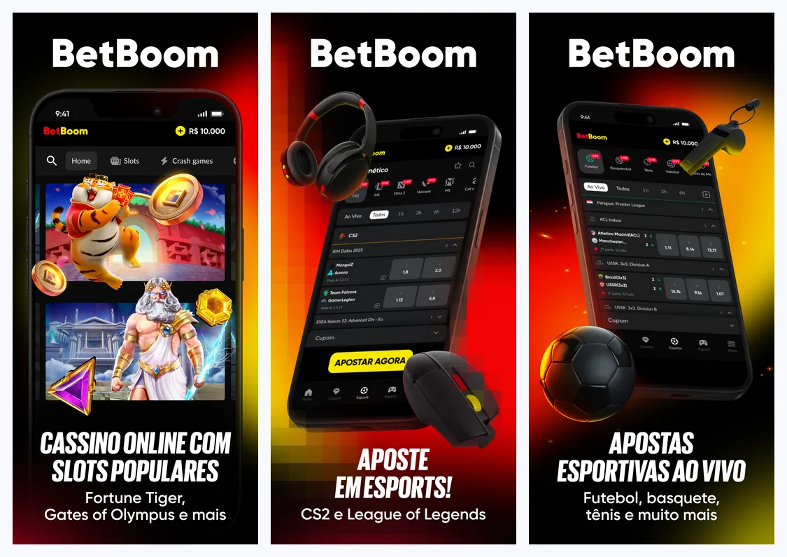 Telas oficiais do aplicativo da BetBoom no Brasil