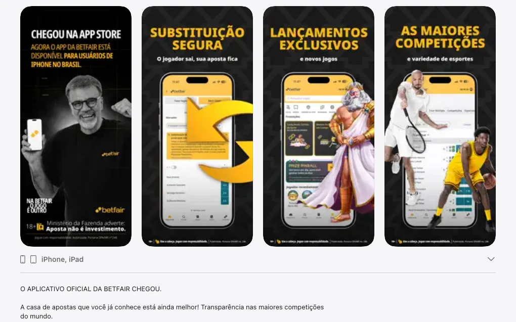 Captura de tela da página oficial do aplicativo Betfair Esportes Brasil na App Store brasileira