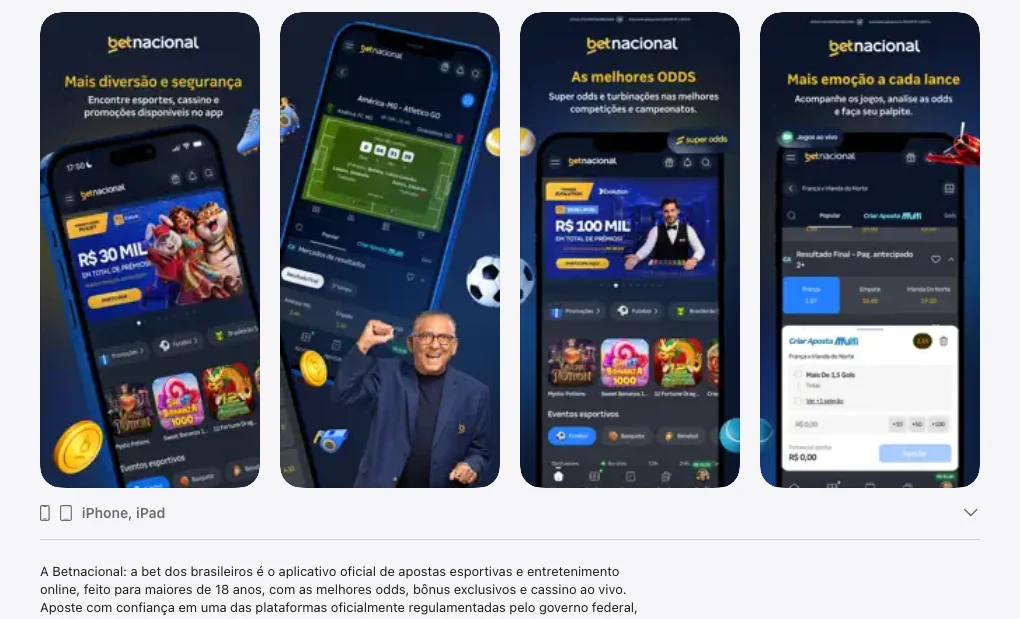 Captura de tela da página oficial do aplicativo da Betnacional na App Store brasileira