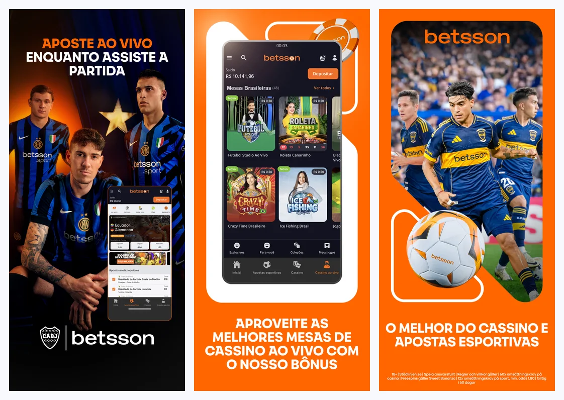 Telas oficiais do aplicativo da Betsson