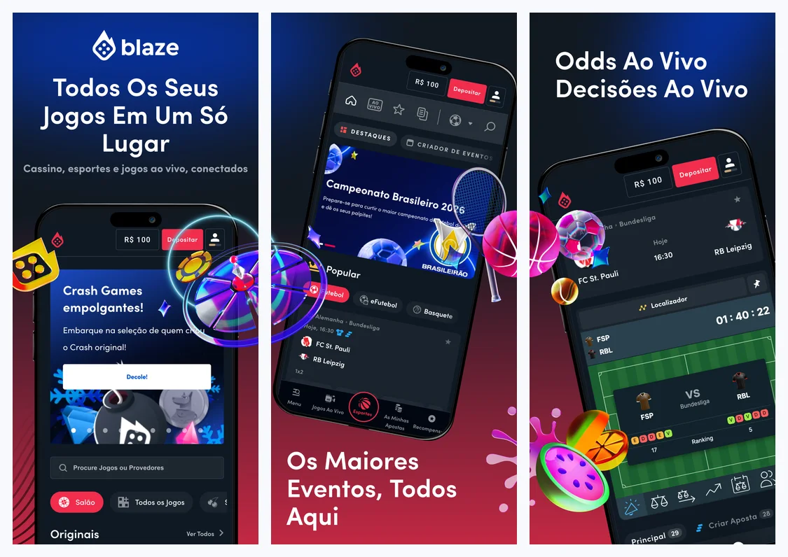 Telas oficiais do aplicativo da Blaze no Brasil