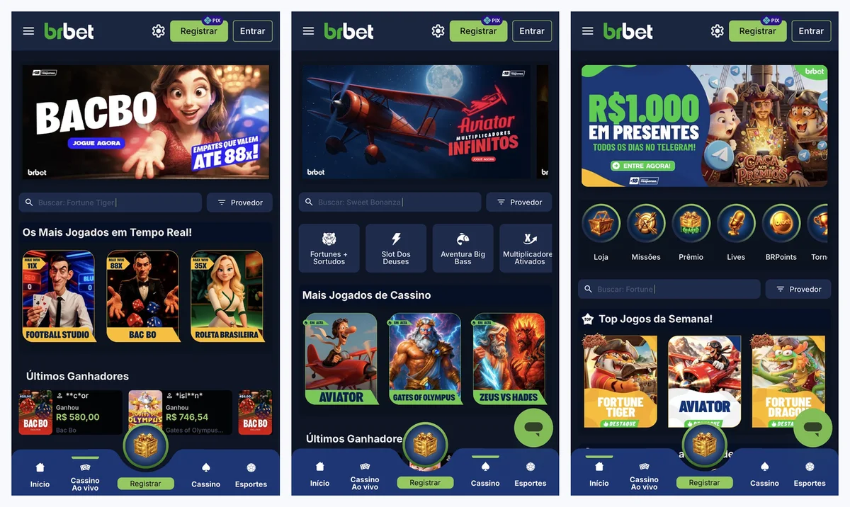 Telas do aplicativo oficial da BRbet