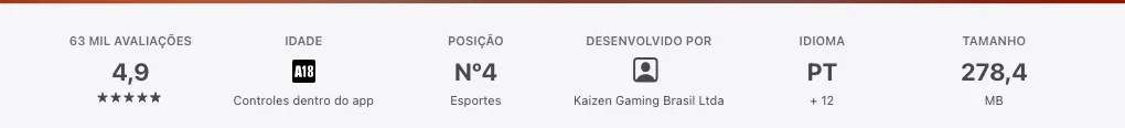 Ficha oficial do aplicativo da Betano mostrando a Kaizen Gaming Brasil Ltda como desenvolvedora