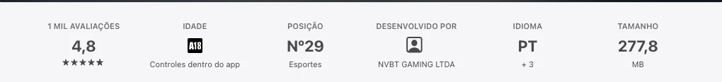 Ficha oficial do aplicativo da Novibet mostrando a NVBT Gaming como desenvolvedora